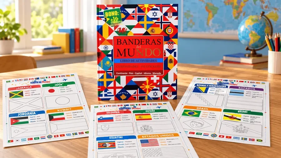 Libro Banderas del Mundo y cartas de actividades sobre países, capitales, monedas y datos curiosos