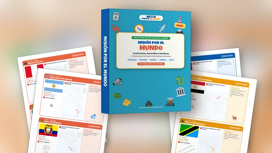 Libro Misión por el Mundo: continentes, maravillas y banderas, con misiones de Machu Picchu, Cataratas del Iguazú, Islas Galápagos, Pirámides de Guiza y Monte Kilimanjaro