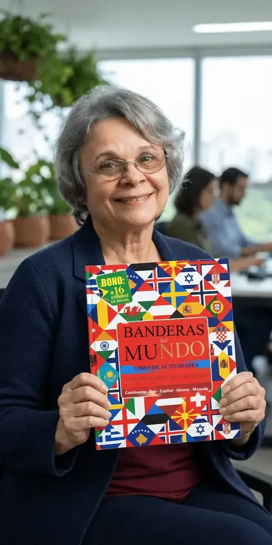 Maria Gorette con el libro Banderas del Mundo