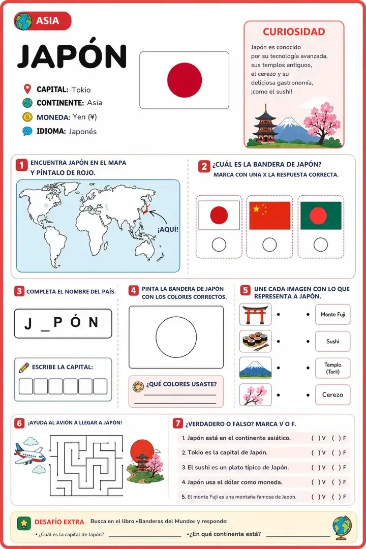 Hoja de actividades extra sobre Japón con bandera, datos del país y ejercicios
